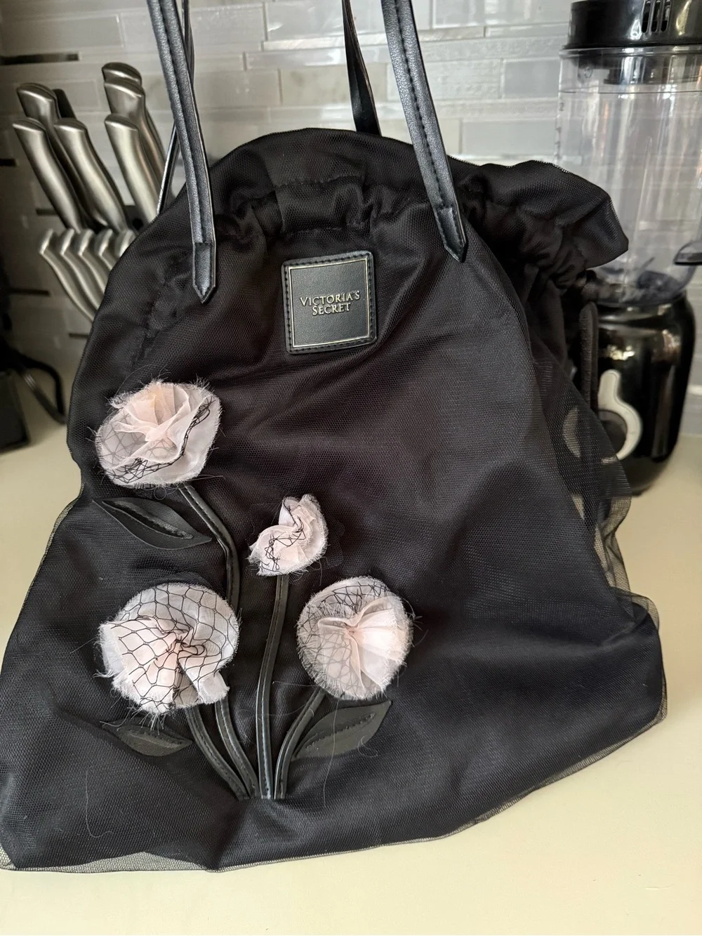 Victoria's Secret Black Tote with Blush Pink Floral Accents
